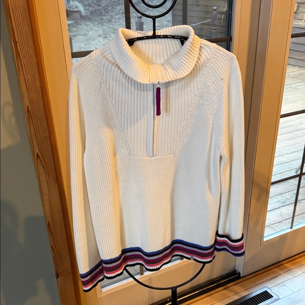 T by Talbots Womens Ivory White Quarter Zip Striped Trim Knit Sweater Large NWT